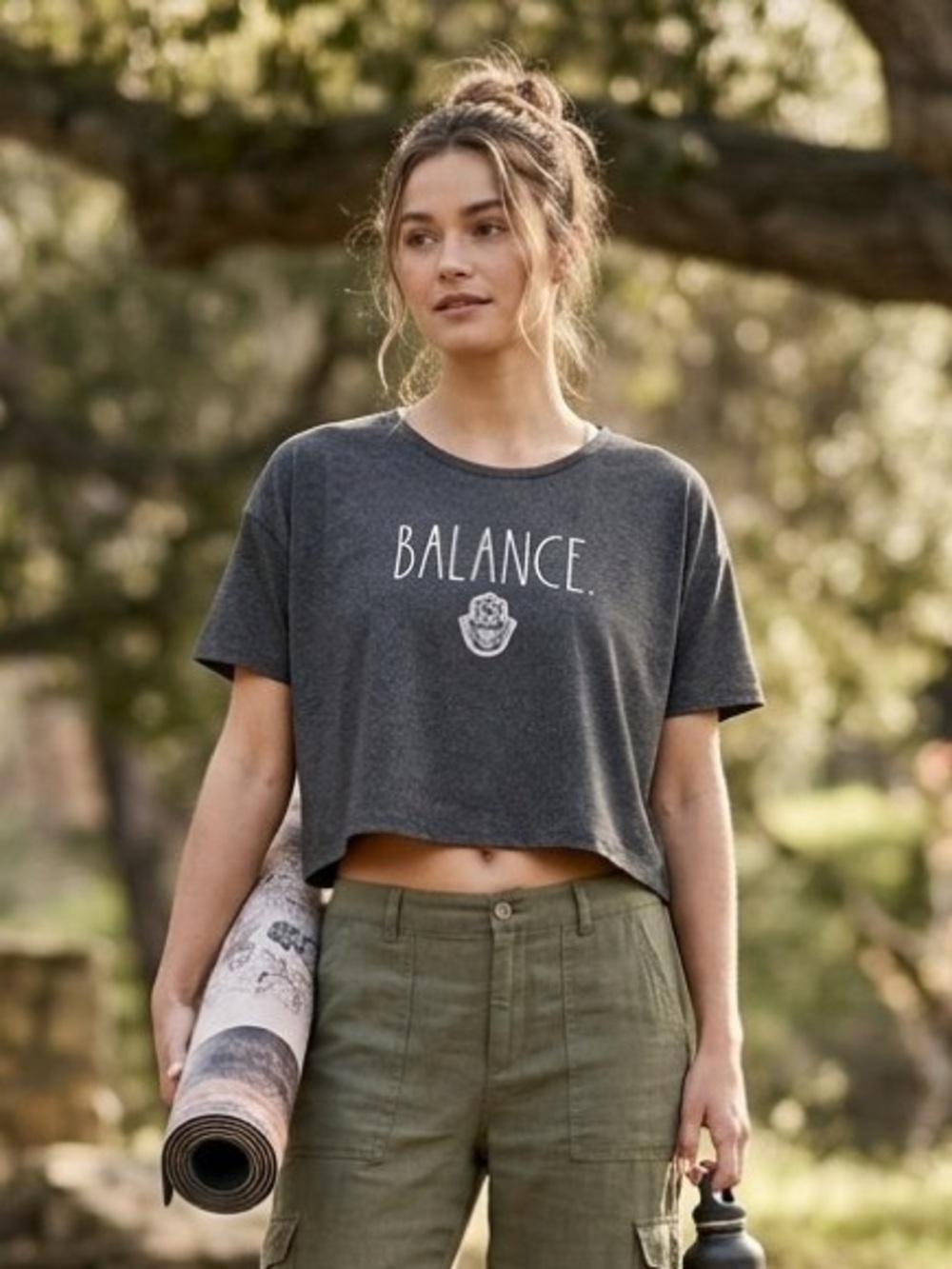 Rae Dunn Balance Cropped Graphic Tee in Charcoal Grey Size XL